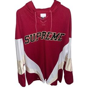 🩷 Supreme Men’s Jersey #19 Laced Up Hoodie SIZE LARGE RED WHITE GOLD